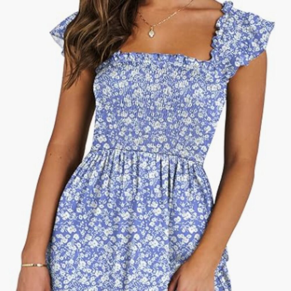 Women's Blue Floral Pattern Summer Short Dress